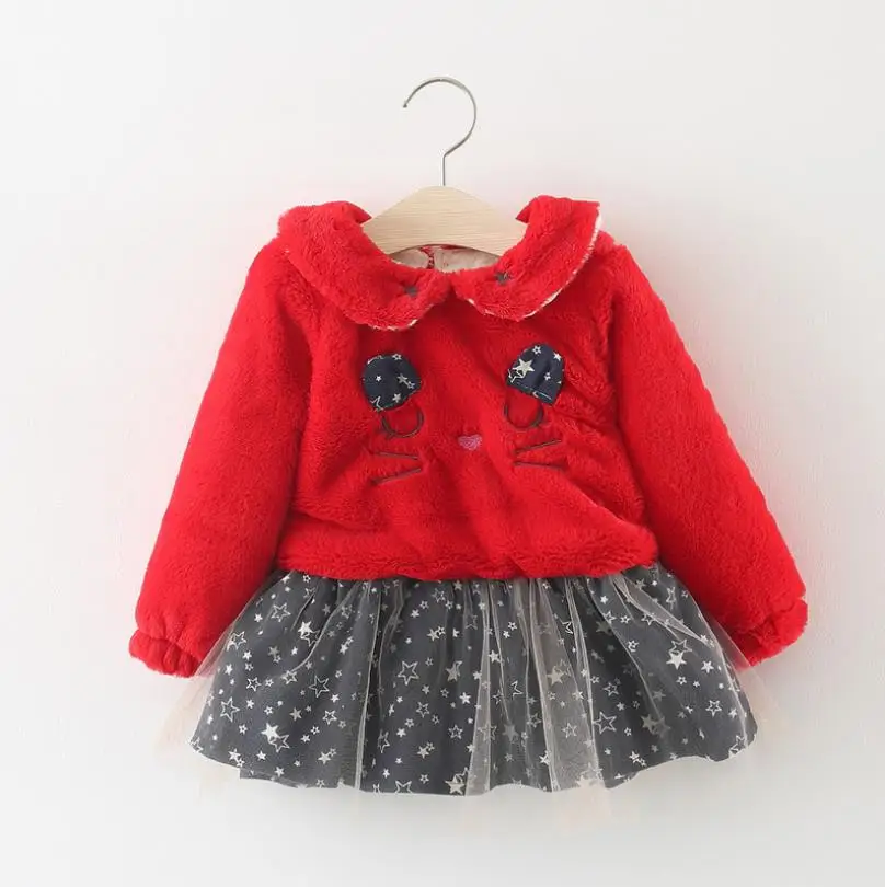 Платье для девочек; зимняя теплая Детская осенняя одежда; топы для маленьких девочек; плотная одежда принцессы; милое кашемировое рождественское платье в сеточку - Цвет: red color