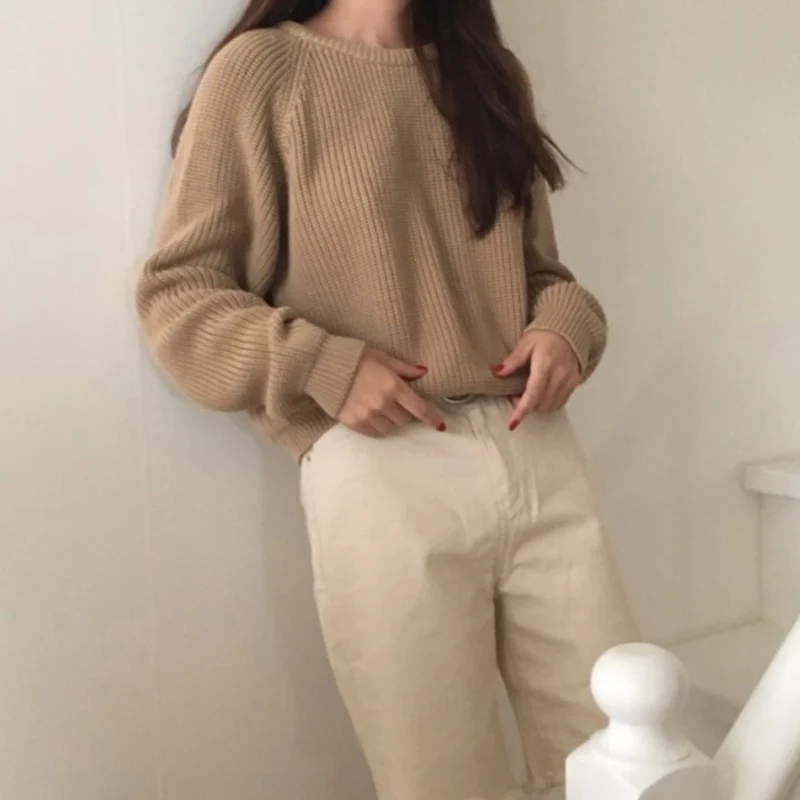 Корейский модный Женский вязаный свитер с длинным рукавом, однотонный пуловер с круглым вырезом и джемпер, свободный свитер, горячая Распродажа S80209Q - Цвет: Khakki