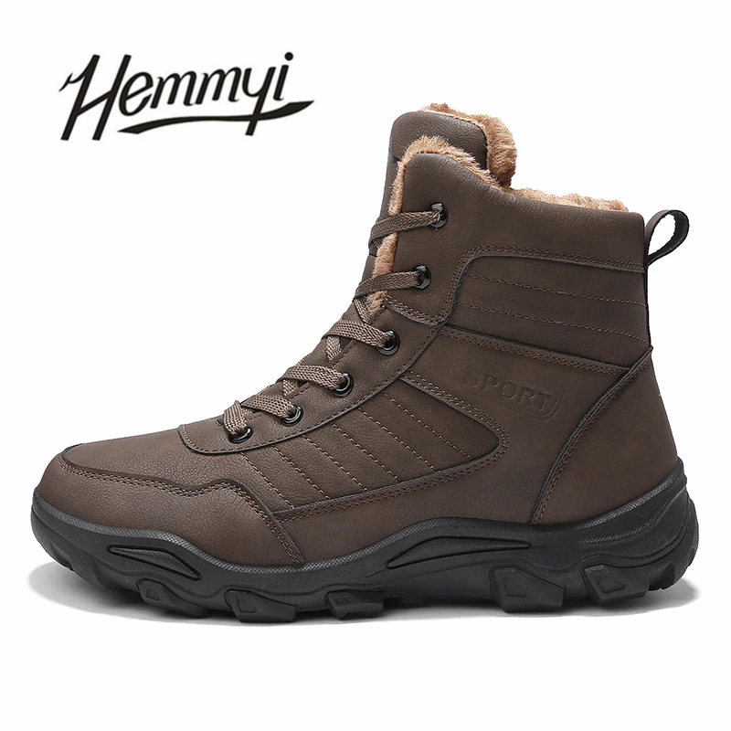 

Hemmyi Super Warm Plush Winter Boots Men Outdoor Non-slip Casual Ankle Boots Black Brown Waterproof Cotton Shoes Botas Hombre