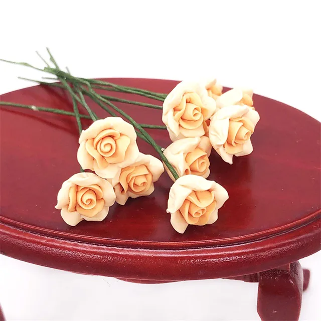 10Pcs 1/12 Dollhouse Miniature Accessories Mini Yellow Chinese Rose Simulation Flower Model Toy for Doll House Decoration 6