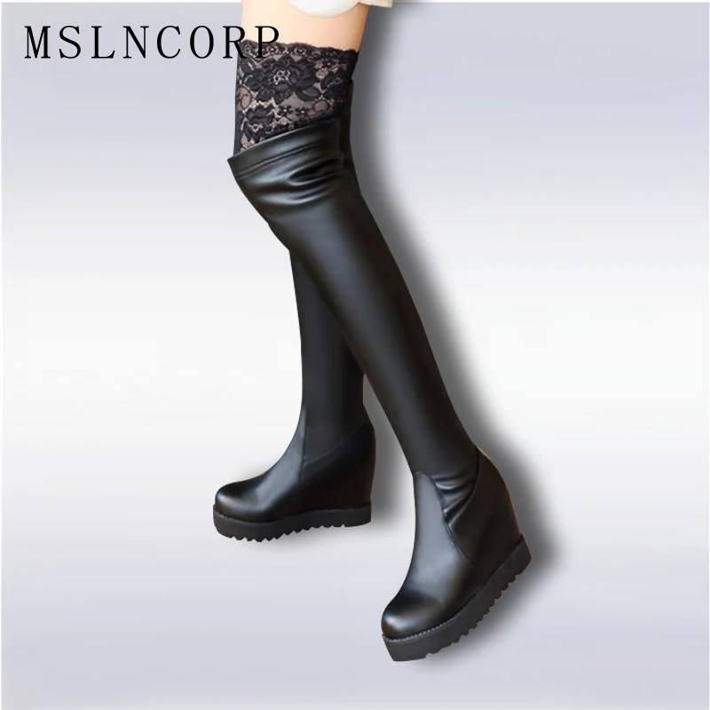 

size 34-43 Quality Leather Boots Women Thigh High Sexy Fashion Over the Knee Boots Female Height Increasing Platform Party Shoes