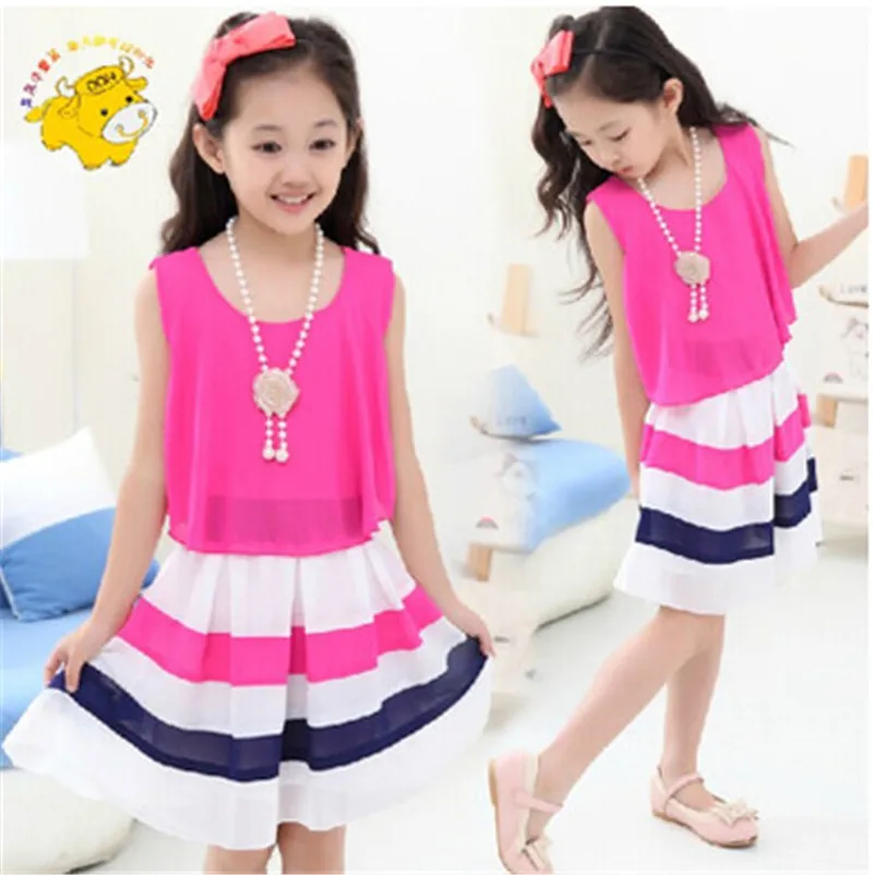2015 Summer Cute Girl Dress Fashion Striped Chiffon Princess Dresses