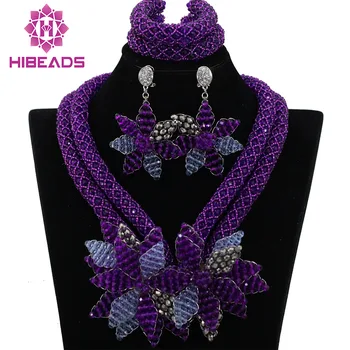 

Amazing Purple African Women Wedding Bridal Jewelry Sets Flower Necklace Bridesmaid Handmade African Bead Jewelry Set QW237