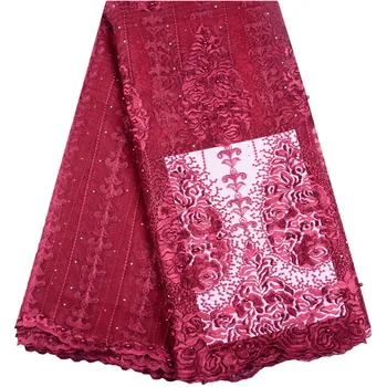 

Latest 2019 Wine Beaded Stones Lace High Quality African Tulle Lace Fabric New Arrival Nigerian Lace Fabrics For Wedding Y1500