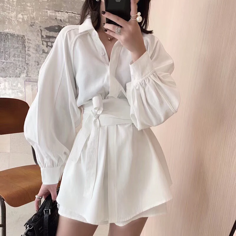 

Women White Long Shirts Shorts Two Piece Sets Lantern Sleeve Belt Blouse + Mini Pant Suits 2019 Summer Fashion OL Clothing Set