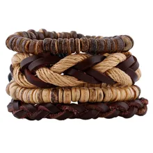 4 PCS/Set Multilayer Bracelet Men Jewelry Vintage Brown Wooden Beads Braided Bracelets for Women Bracelets & Bangles