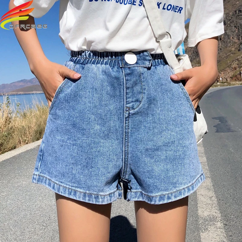 Economici Streetwear Donne di Estate Denim Shorts 2019 Nuovo Arrivo di Alta Elastico In Vita pantaloni Larghi del Piedino Shorts Jeans Blu Nero Bianco Rosa Breve femme