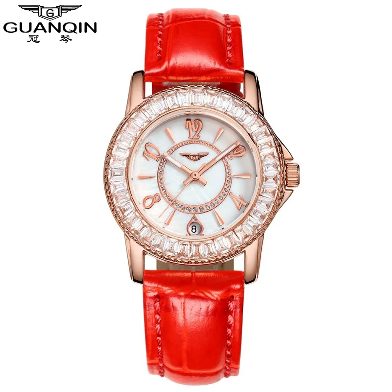 

montre femme marque de luxe GUANQIN women watches  Red Leather Quartz Watch  Ladies Diamond Wristwatch relogio feminino 2017