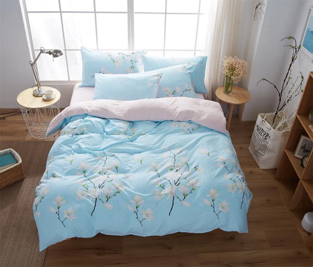 

Printed Floral Bedding Set Printing Cover Bed Sheets for Home Hotel Wedding Soft Cotton Pastoral style Duvet Cover 4PCS Blue