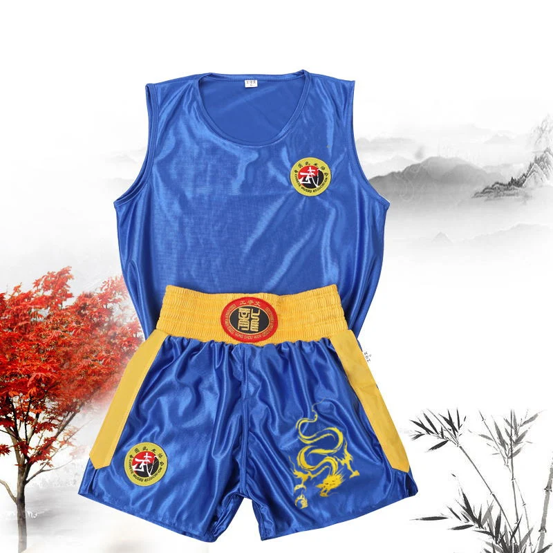 

Unisex Bruce Lee Wushu Clothing Kung Fu Uniform Sanda Wu Shu Clothes Martial Arts Set Boxing Shorts Suit With Embroidered Dragon