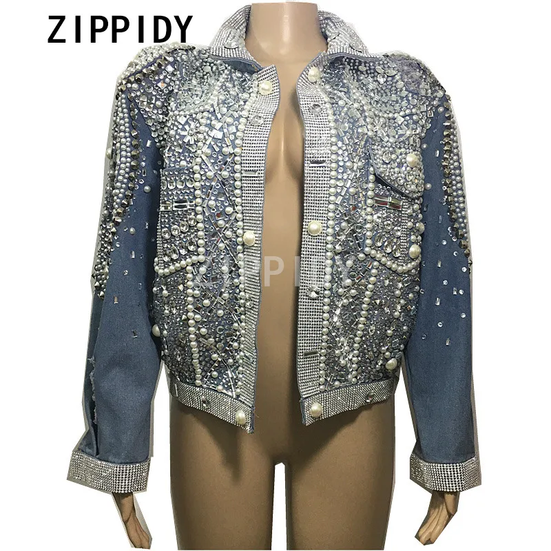 

Sparkly Rhinestones Pearls Denim Fabric Women's Jacket Nightclub Dance DS Show Stage Wear Birthday Party Female Singer Outerwear