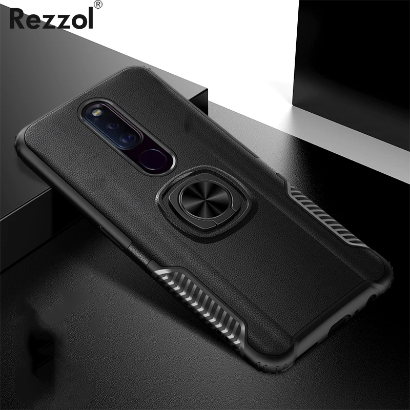 

For OPPO F11 Pro Case Skin Texture Metal Ring Silicone Car Stand Back Cover for OPPO F11 Case Armor Hard PC Fundas Car Holder