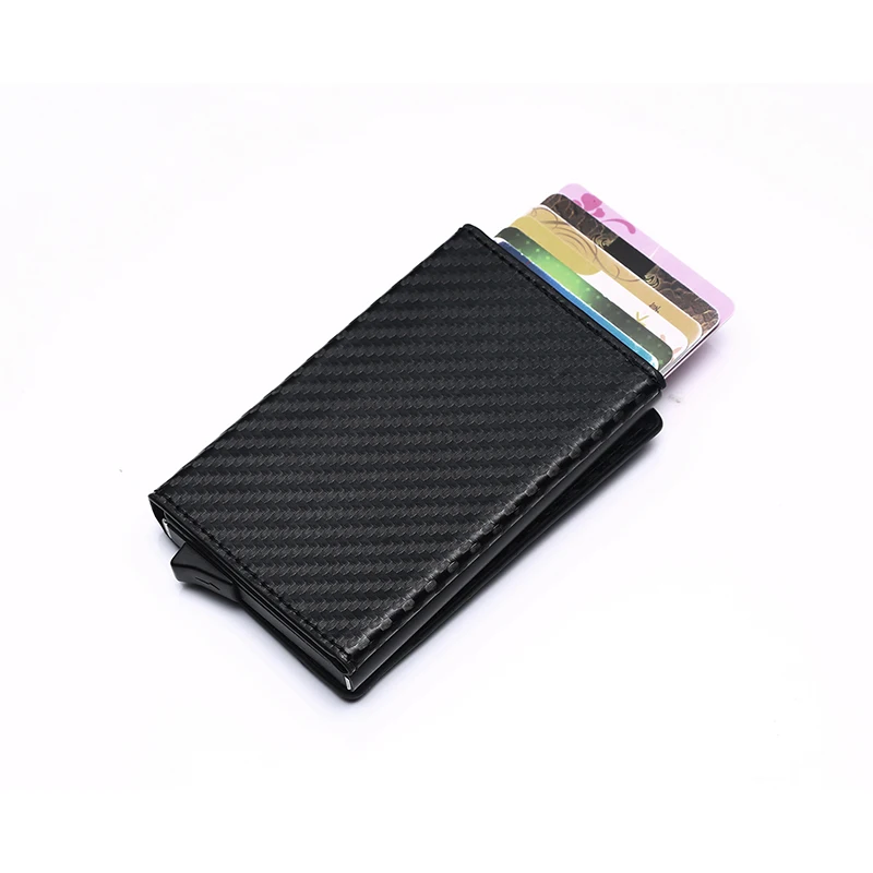 

BYCOBECY Carbon Fiber New RFID Wallet 2019 Antitheft Aluminum Box ID Card Holder PU Leather Pop Up Card Case Magnet Coin Purse