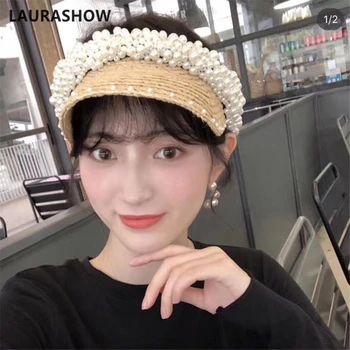 

LAURASHOW Pearls Adult Summer 100% Raffia Straw Hat For Girls Lady Sun Hats Beach Hat