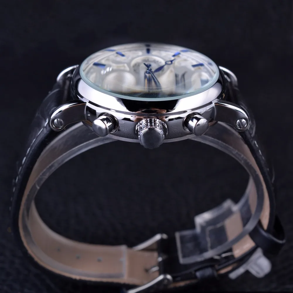 Jaragar Brand Men Automatic Self Wind Mechanical Watch White 3 Dials Calendar Blue Hands Simple Business Leather Band Wristwatch
