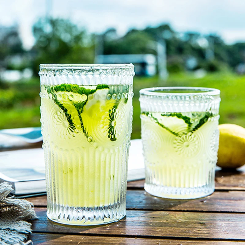 Antique Class Cups Clear Color Fancy Embossed Glass Cups Sunflower Pattern Juice Wine Milk Cup Glassware Drinkware Gift (8)