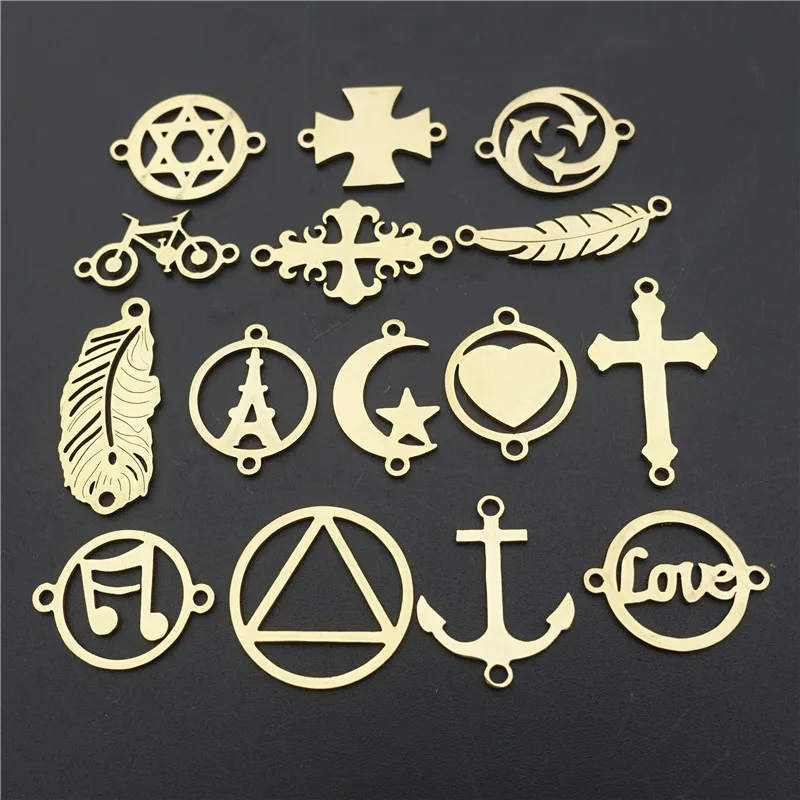 

Stainless Steel Connectors Real Gold Plated Hexagram Triangle Tower Anchor Feather Moon Bike Jewelry Making Findings 5pcs/lot