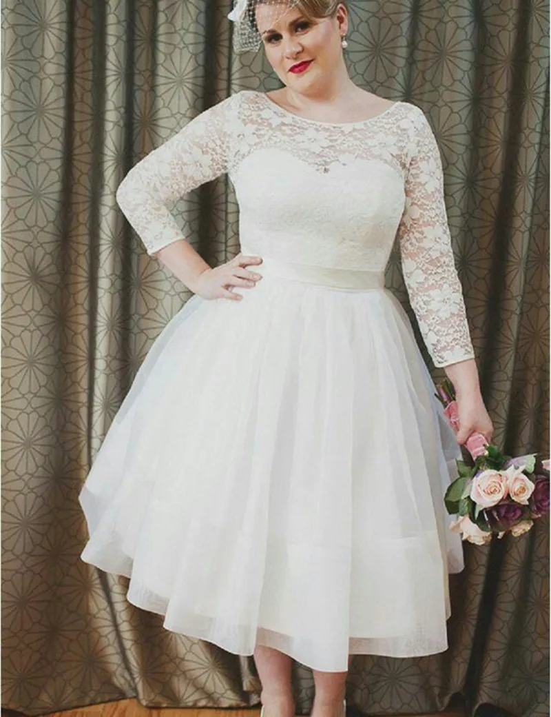 2017 Charming Tea Length Plus Size Wedding Dress Long Sleeve O Neck