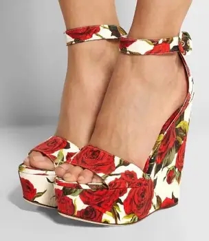 

new summer red rose flower leather open toe high wedge sandal buckle high platform rose flower wedge sandal real photos