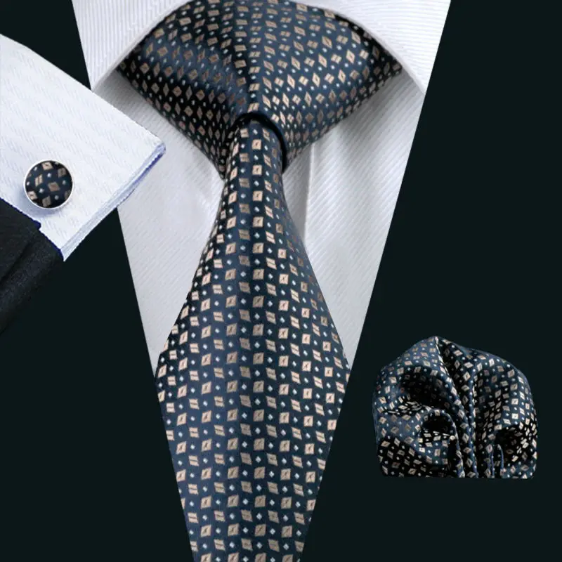 

LS-957 2016 New Arrive Men Tie Blue Novelty Print Fashion 100% Silk Gravata Tie Hanky Cufflink Set For Men Formal Wedding Party