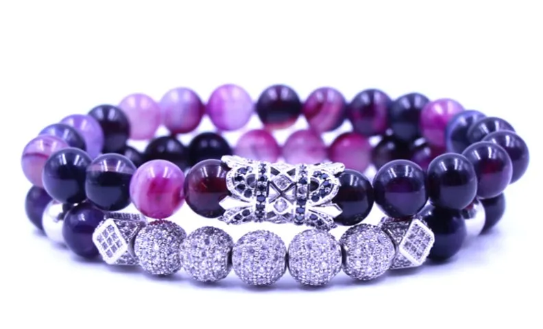 

8mm 2PCS/Set fhd3s gold elastic adjusted nature Purple bead micro pave cz zircon cubic zirconia tube Bracelet Jewelry