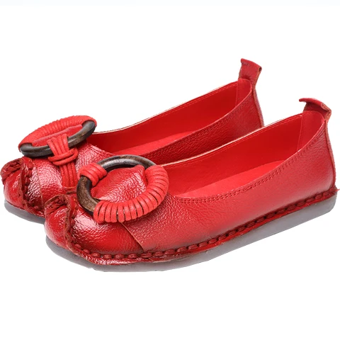 OUKAHUI/ г.; весенние женские туфли из мягкой натуральной кожи на плоской подошве; Осенняя обувь; женские балетки на плоской подошве с металлической пряжкой; лоферы - Цвет: Red 9501