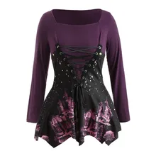 Модные женские печатные повязки Фиолетовый с длинным рукавом Повседневная Туника на шнуровке женские тонкие Топы Рубашки#25