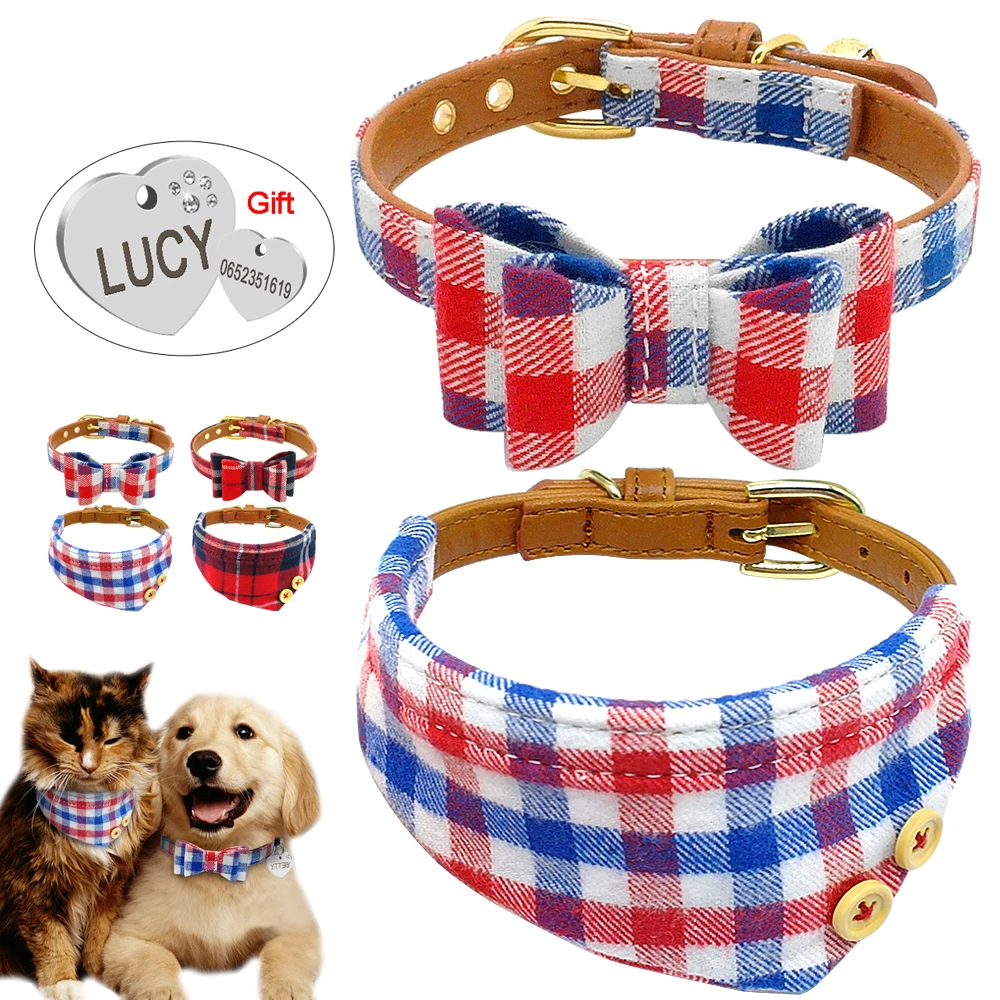 

Double Dog Collars Set Bownot Dog Collar and ID Tag Set Plaid Puppy Cat Collars Bandan for Small Pets Chihuahua