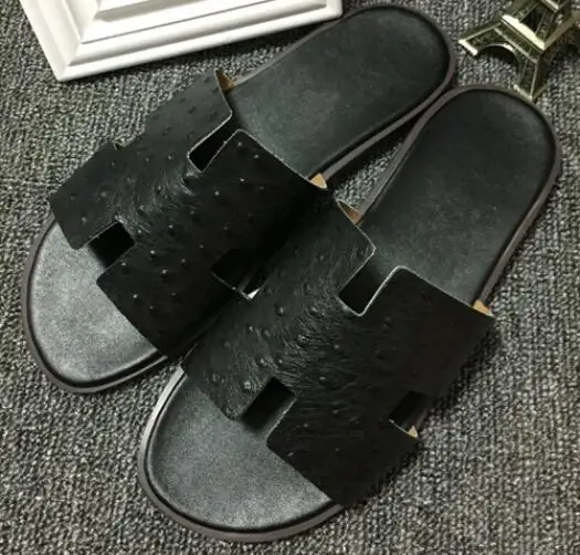 

2019 new summer men's leather slipper sandals luxury ostrich pattern leather flip flops beach slippers shoe