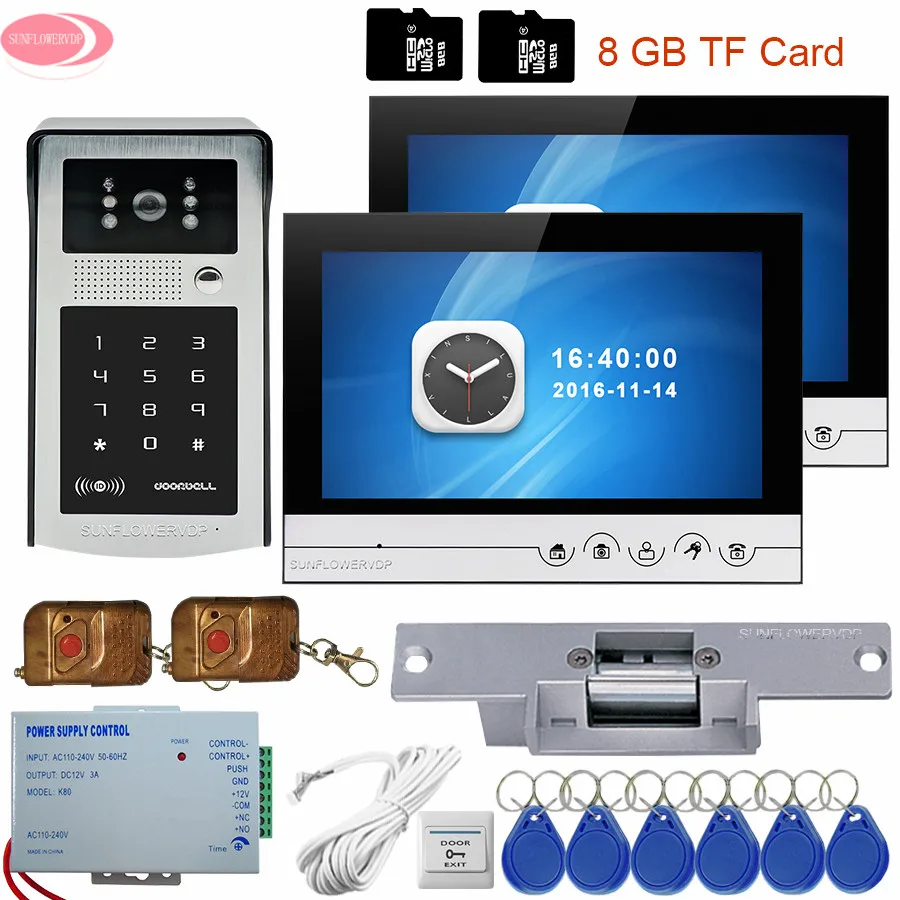 

Video Intercom With Recording+8GB TF Card Touch Keys 9'' Video Intercom 2 Monitors Remote/RFID Code Keypad +Electric Strike Lock