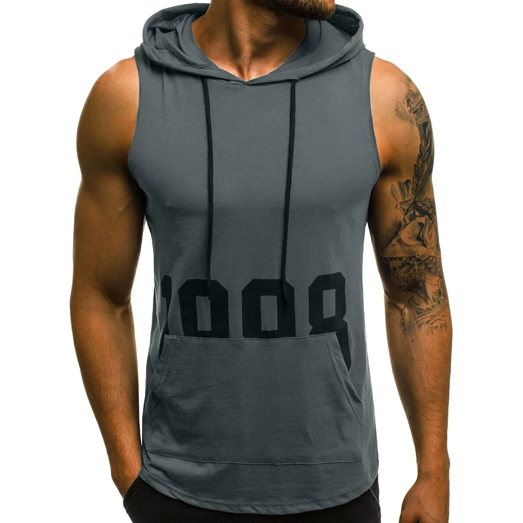 

Men Fitness Muscle Print Letter Sleeveless Hooded Bodybuilding Pocket Tight-drying Cool Style Slim Tops
