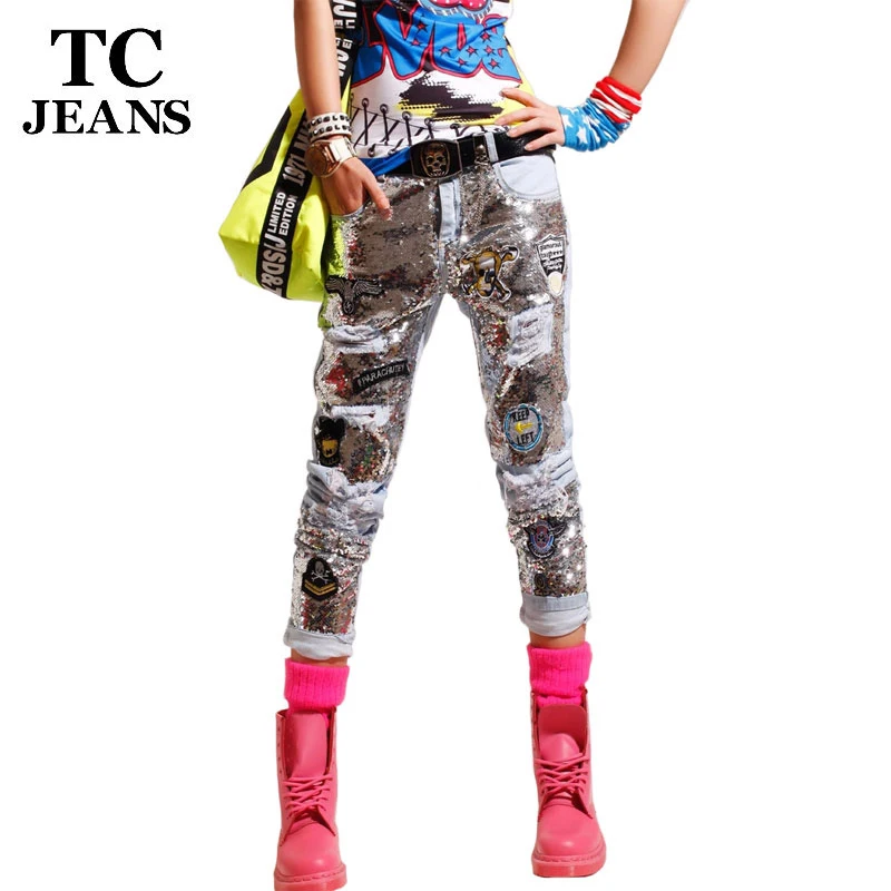 Cheap Price TC 2016 New Womens Fashion Summer Ripped Beading Sequined Hole Embroidery Straight Capris Pencil Denim Pants Jeans WT00563