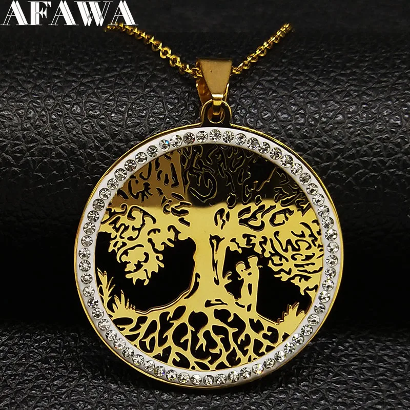 

2019 Fashion Couple Tree of Life Crystal Stainless Steel Chain Necklaces for Women Gold Color Necklaces Jewelry bijoux N18811