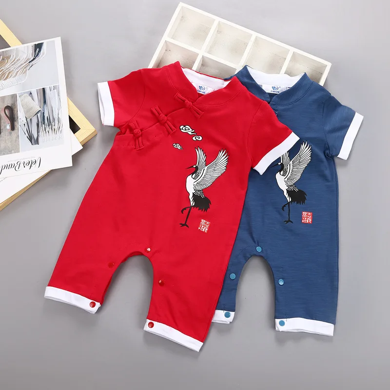 

2019 summer new baby clothing festive short-sleeved auspicious crane jumpsuit cotton holiday coverall autumn and winter clothing