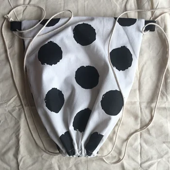 

Cotton Linen Drawstring Backpack Student Book Bag Print Big Black Dots White Base YL610