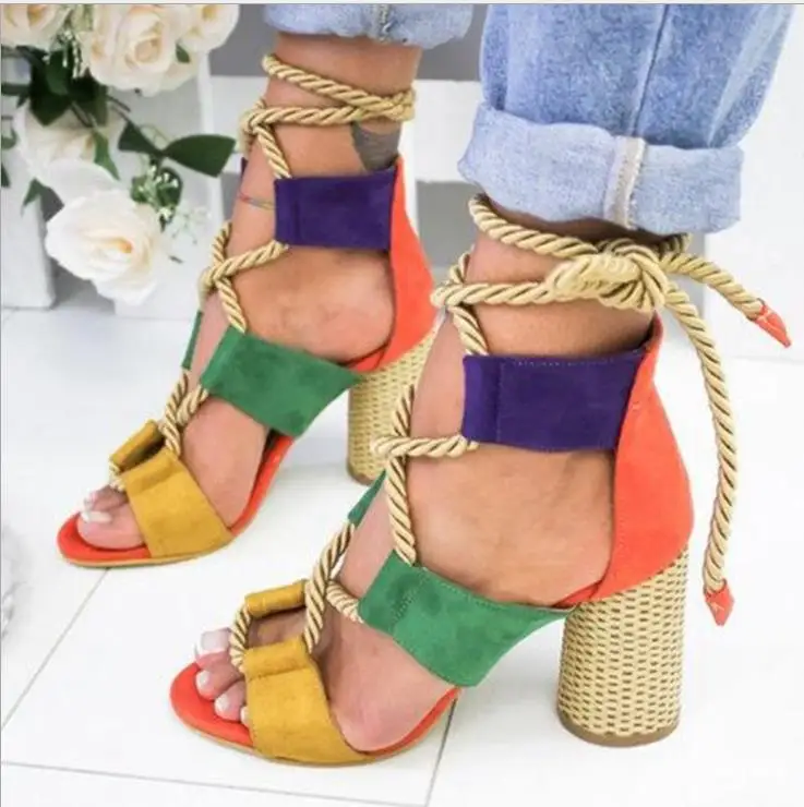 

Women Sandals Shoes Summer Celebrity Wearing Mixed Colors Strappy Sandals Pointed Fish Mouth Gladiator High Heels Shoes Female