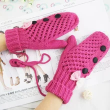 Модные женские двухслойные толстые кашемировые вязаные шерстяные бархатные рукавицы на бретельках женские зимние теплые милые перчатки на пуговицах с галстуком-бабочкой L91