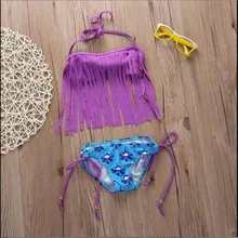 Фиолетовый детский купальный костюм для маленьких девочек, детский купальный костюм, Летнее Детское бикини, топ с кисточками и шорты, пляжная одежда, купальный костюм
