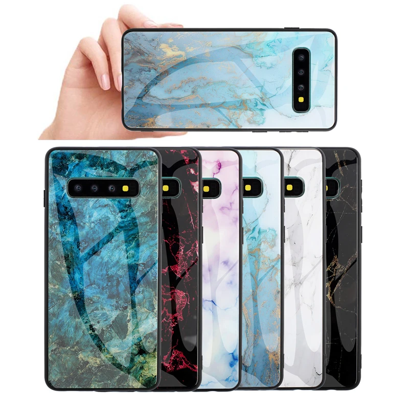 

For Etui Samsung S10 Case Luxury Glossy Glass Marble Cover for Samsung S8 S9 Plus S10 5G Note 8 9 Funda Blue Marble Stone Cases