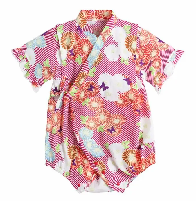 Кимоно детская одежда в японском стиле детская одежда для девочек Комбинезон Ретро Халат Форма одежда Пижама для младенцев цветочный костюм - Цвет: Pink stripe flower