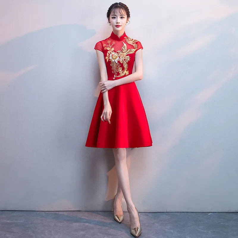 Красный невесты короткий Cheongsam Современная вышивка Qi Pao женский китайский традиционный свадебный платье Ципао Chinoise вечерние платья - Цвет: red short sleeve