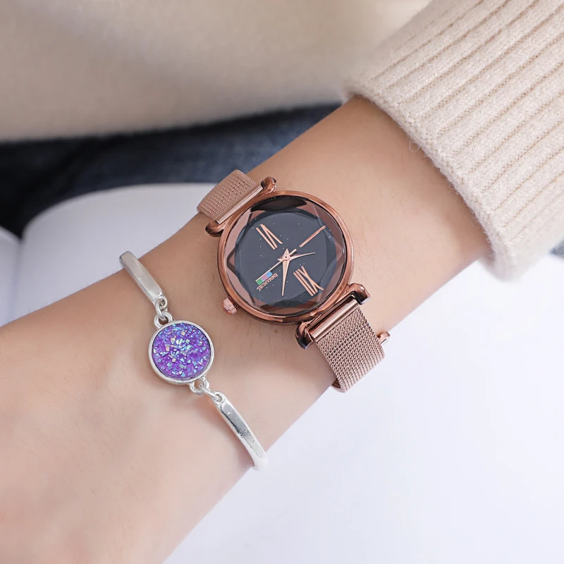 Luxury Women Watches Rose Gold Mesh LadiesClock Magnet Buckle Starry Diamond Geometric Surface Casual Dress Quartz Wristwatch Luxury Women Watches Rose Gold Mesh LadiesClock Magnet Buckle Starry Diamond Geometric Surface Casual Dress Quartz Wristwatch
