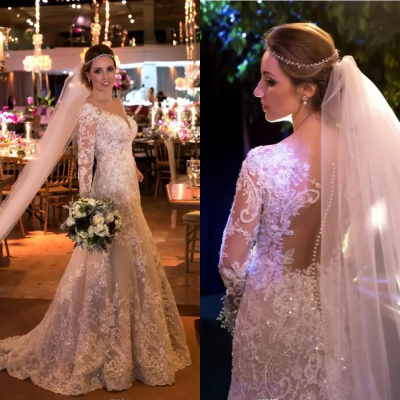 

Vestido De Noiva New Elegant Mermaid Wedding Gowns 2019 Applique Lace Long Sleeve Wedding Dresses Handmade Sheer Bride Dress