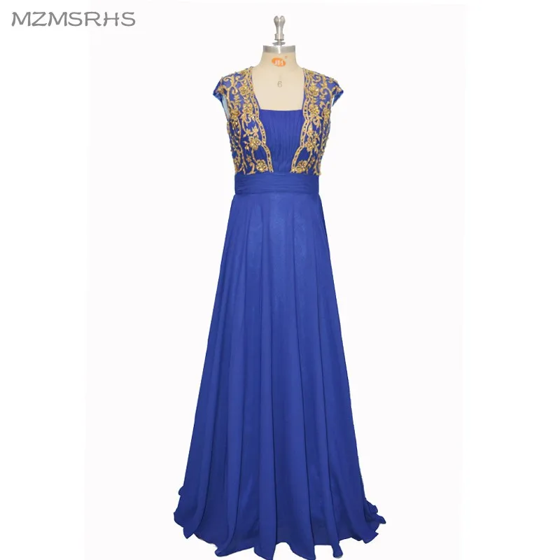 Luxury Long Gold Embroidery Evening Dress Royal Blue Chiffon V Neck
