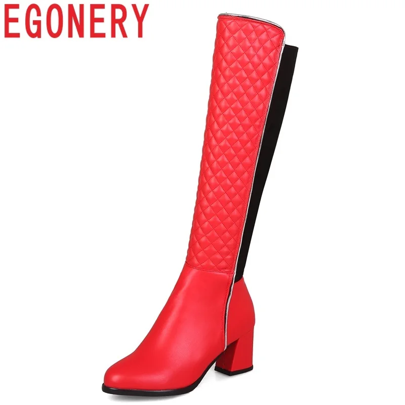 

EGONERY 2019 winter new mixed colors round toe wmen shoes high square heel zipper three colors outside fashion knee high boots