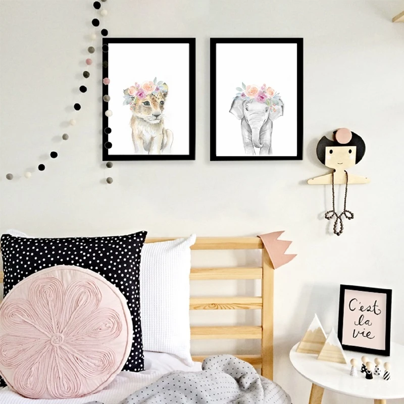 GUDOJK Pintura Mural Baby Lion Poster Print Flower Crown Wreath Nursery Animals Wall Art Canvas Painting Safari Animal Picture Girls Room Decoraci/ón de la pared-50x70cm