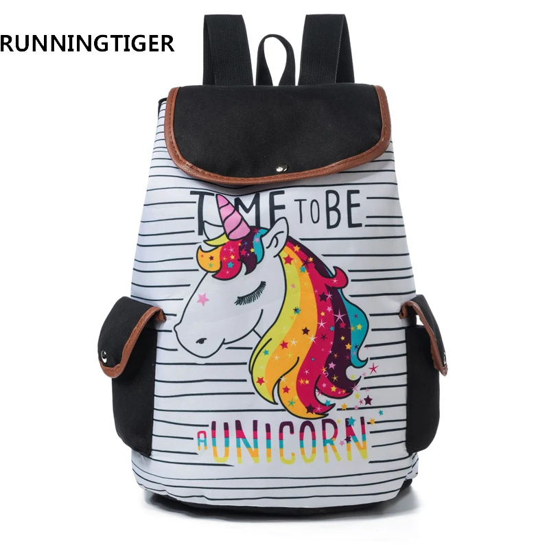 Goedkoop RUNNINGTIGER 3D Eenhoorn Gedrukt Vrouwen Rugzak Casual Schooltassen Voor Tieners Canvas Meisje School Rugzakken Rugzak Vrouwelijke
