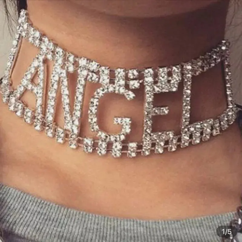 Luxury Rhinestone Crystal Fashion Women Angel Statement Choker Letter Necklace