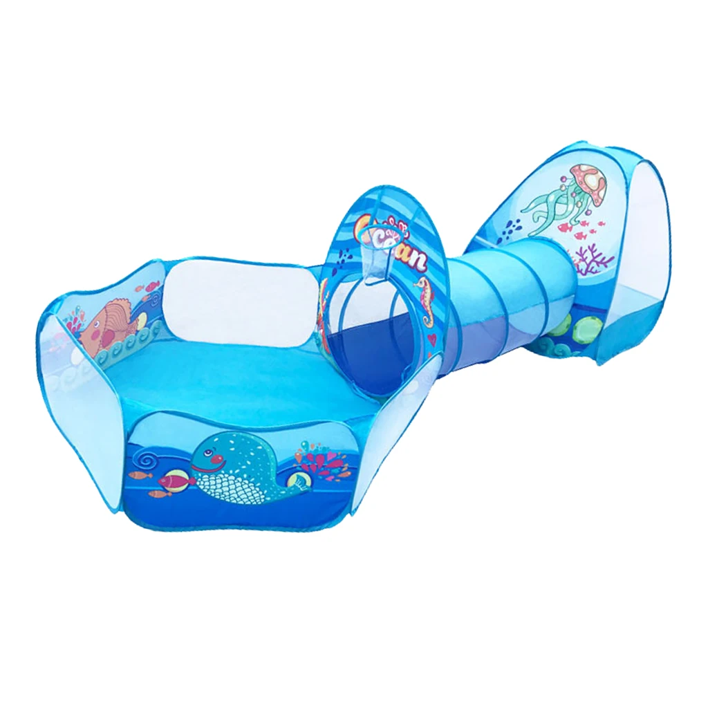 Kids 3-in-1 Blue Sea Themed Playhouse Tunnel Ball Pool Play Tent Toy for Park Garden Home Picnic Outdoor Toy