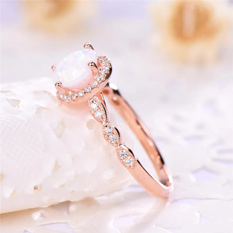 ROMAD Dainty Round Fire Opal Rings for Women Rose Gold CZ Engagement Rings in Copper Promise Ring With Gift Box R4